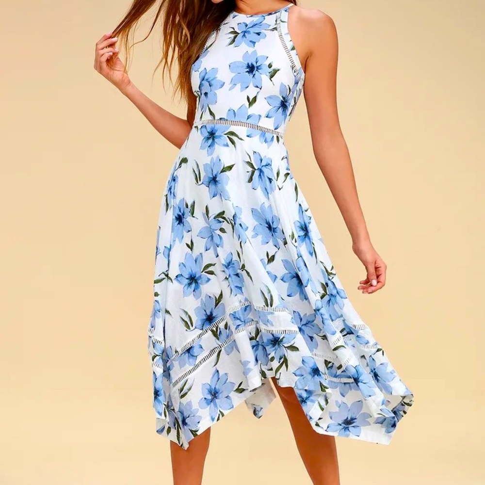 Lulus Zahara Blue and White Floral Print Midi Dress. XL